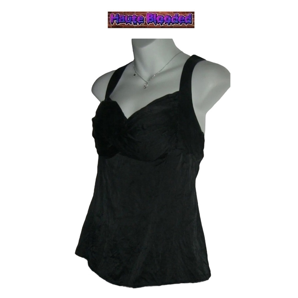 y2k bebe Black Crepe Silk Tank Top Sexy Cami Silver Ring Crinkle 00's 90's Club - Picture 3 of 10